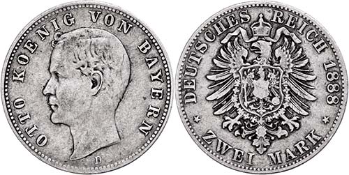 Bavaria 2 Mark, 1888, Otto, edge ... 
