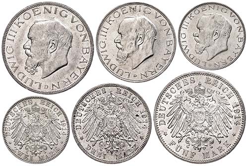 Bavaria 2, 3 and 5 Mark, 1914, ... 