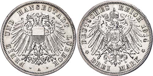 Lübeck 3 Mark, 1914, watermark. ... 