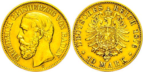 Baden 10 Mark, 1876, Friedrich I., ... 