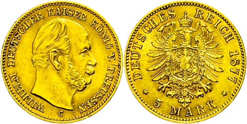 Preußen Goldmünzen 5 Mark, 1877, ... 