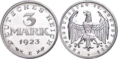 Münzen Weimar 3 Mark, 1923, E, ... 