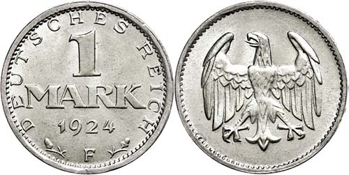 Münzen Weimar 1 Mark, 1924, F, f. ... 