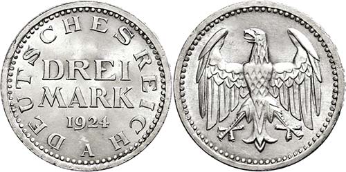 Münzen Weimar 3 Mark, 1924, A, ... 