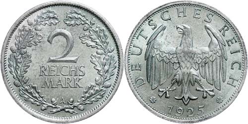 Münzen Weimar 2 Reichsmark, 1925 ... 