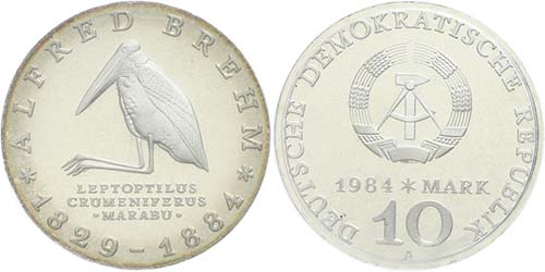 GDR 10 Mark, 1984, Brehm, in uPVC ... 