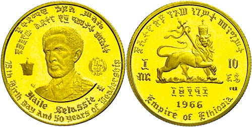 Ethiopia 10 Dollars, Gold, 1966, ... 
