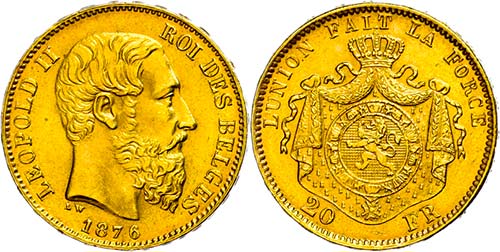 Belgien 20 Francs, Gold, 1876, ... 