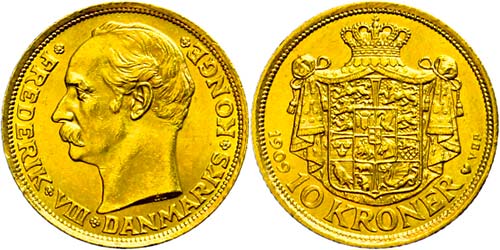 Denmark 10 coronas, Gold, 1909, ... 