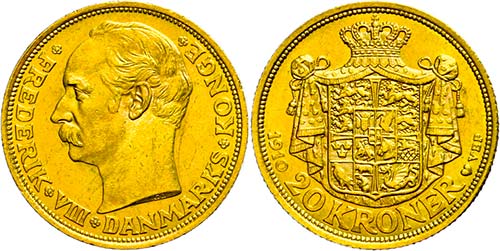 Denmark 20 coronas, Gold, 1910, ... 