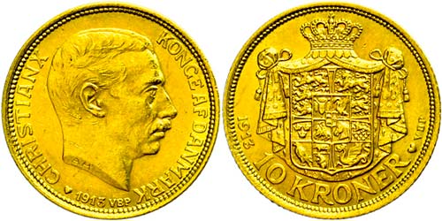 Denmark 10 coronas, Gold, 1913, ... 