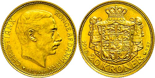 Denmark 20 coronas, Gold, 1913, ... 