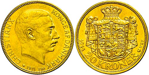 Denmark 20 coronas, Gold, 1914, ... 