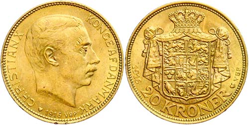 Denmark 20 coronas, Gold, 1916, ... 