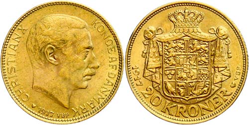 Denmark 20 coronas, Gold, 1917, ... 