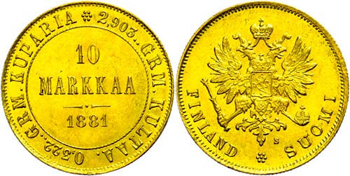 Finland 10 Markkaa, Gold, 1881, ... 