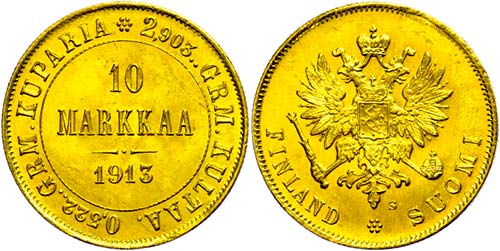 Finland 10 Markkaa, Gold, 1913, ... 