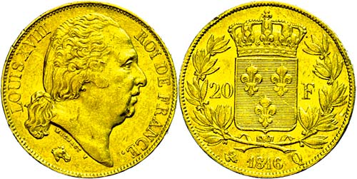 France 20 Franc, Gold, 1816, Q ... 