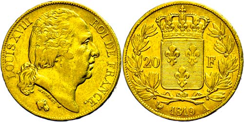 France 20 Franc, Gold, 1819, louis ... 