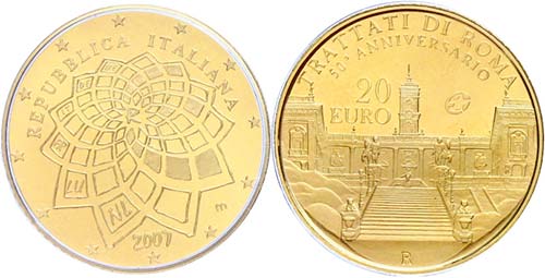 Italy 20 Euro, Gold, 2007, 50 ... 