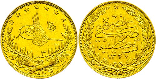 Turkey 100 piastre, Gold, 1327 ... 