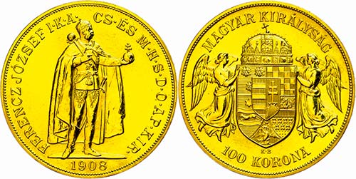 Hungary 100 coronas, Gold, 1908, ... 