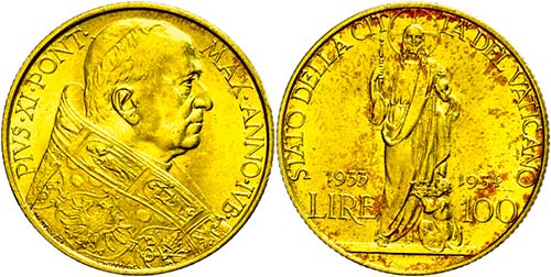 Vatican 100 liras, Gold, 1933, ... 