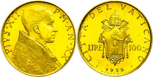 Vatican 100 liras, Gold, 1958, ... 
