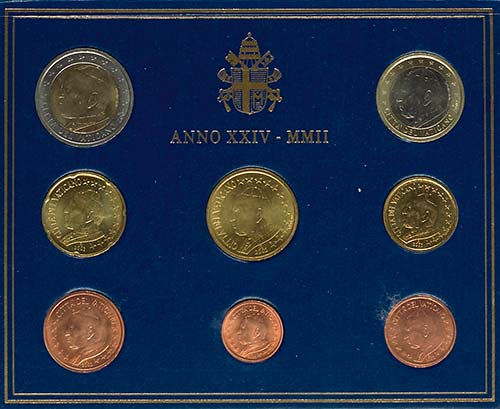 Vatican 1 cent to 2 Euro, 2002, ... 