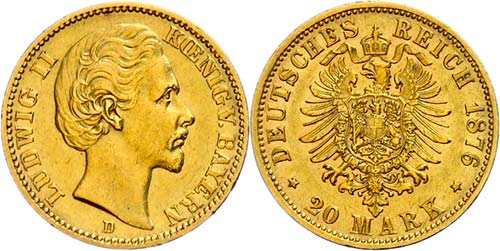 Bavaria 20 Mark, 1876, Ludwig II., ... 