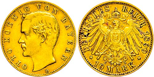 Bavaria 10 Mark, 1890, Otto, small ... 