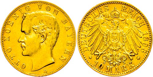 Bavaria 10 Mark, 1893, Otto, very ... 