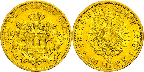 Hamburg 20 Mark, 1878, kl. Rf., ... 