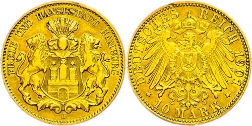 Hamburg 10 Mark, 1901, kl. Rf., ... 