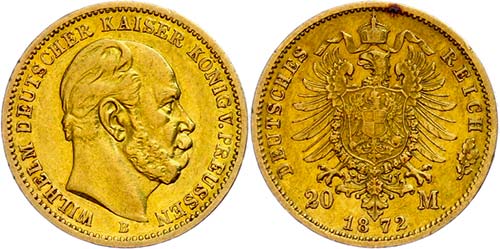 Prussia 20 Mark, 1872, B, Wilhelm ... 