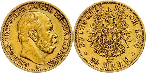 Prussia 20 Mark, 1874, B, Wilhelm ... 