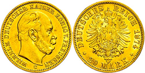 Prussia 20 Mark, 1874, C, Wilhelm ... 
