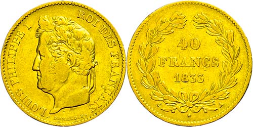 France 40 Franc Gold, 1833, A ... 