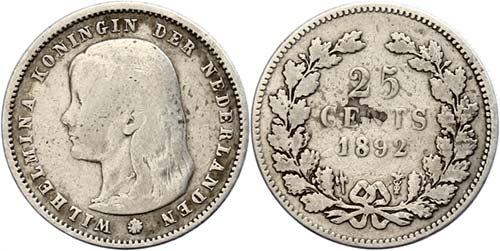 The Netherlands 25 cent, 1892, ... 