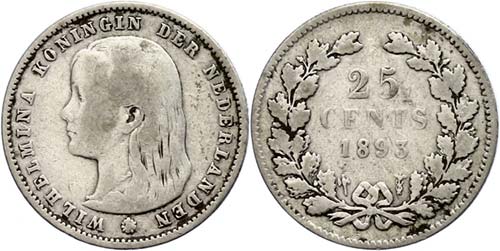 The Netherlands 25 cent, 1893, ... 