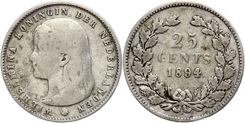 The Netherlands 25 cent, 1894, ... 