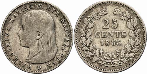 The Netherlands 25 cent, 1895, ... 