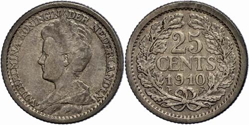 The Netherlands 25 cent, 1910, ... 