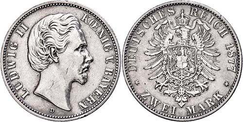 Bayern  2 Mark, 1877, Ludwig II., ... 