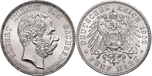 Saxony  5 Mark, 1902, Albert, on ... 