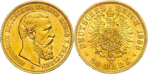 Prussia  20 Mark, 1888, Friedrich ... 