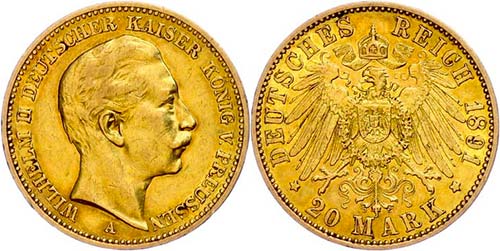 Prussia  20 Mark, 1891, Wilhelm ... 