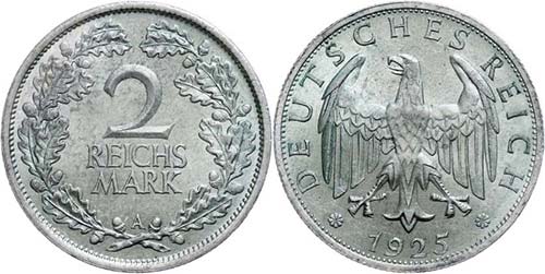 Münzen Weimar  2 Reichsmark, 1925 ... 