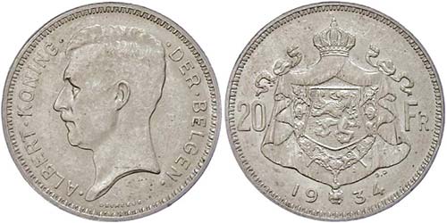 Belgium  20 Franc, 1934, Albert ... 