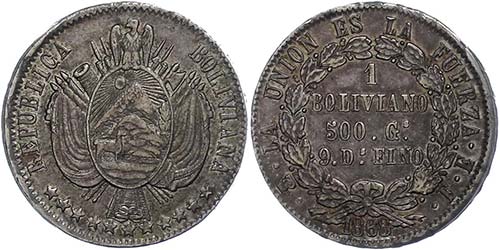 Bolivien  Boliviano,1868, La ... 